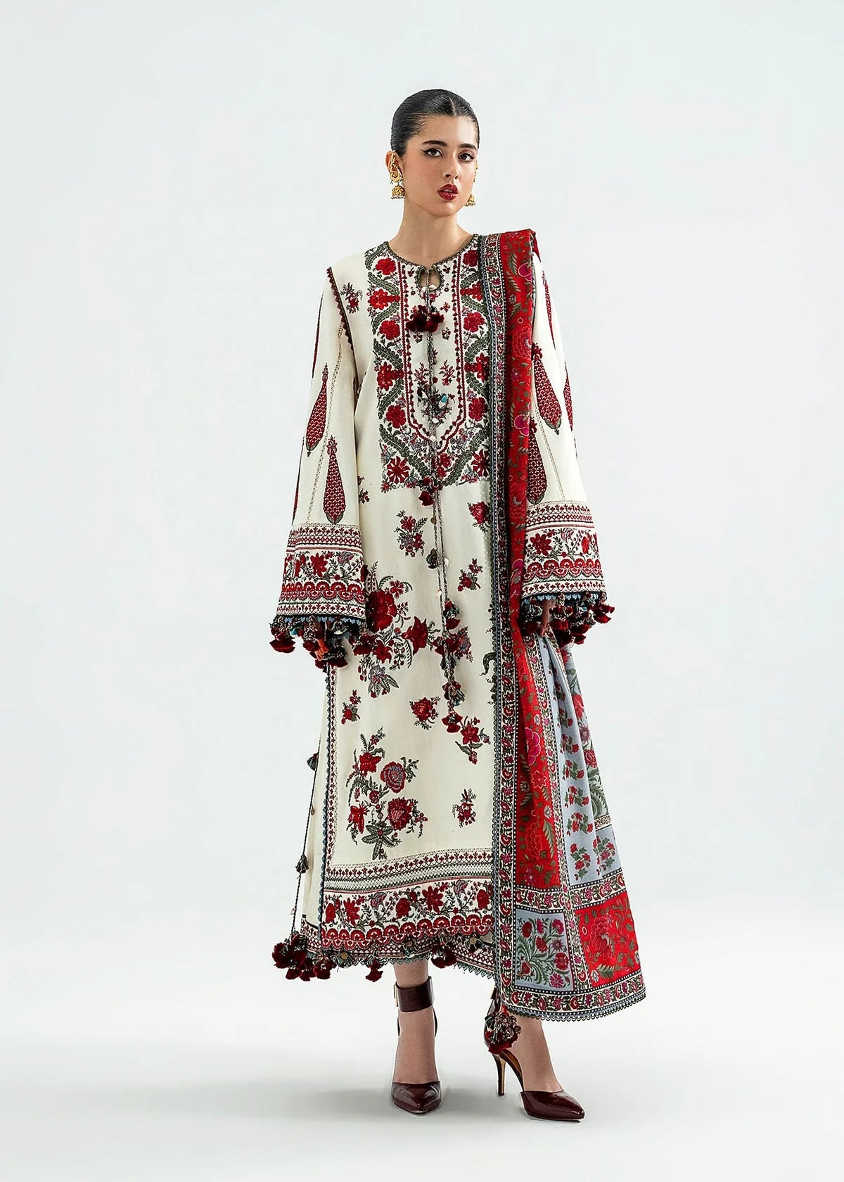 3 Piece Unstitched Fully Embroidered Dhanak Dress With Printed Blended Shawl