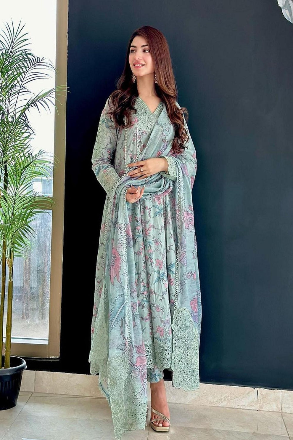 Unstitched 3 Piece Digital Printed Lawn Dress With Embroidered Patches