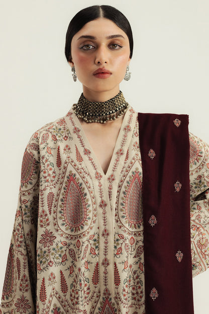 3 Piece Unstitched Fully Embroidered Dhanak Dress With Embroidered Dhanak Shawl