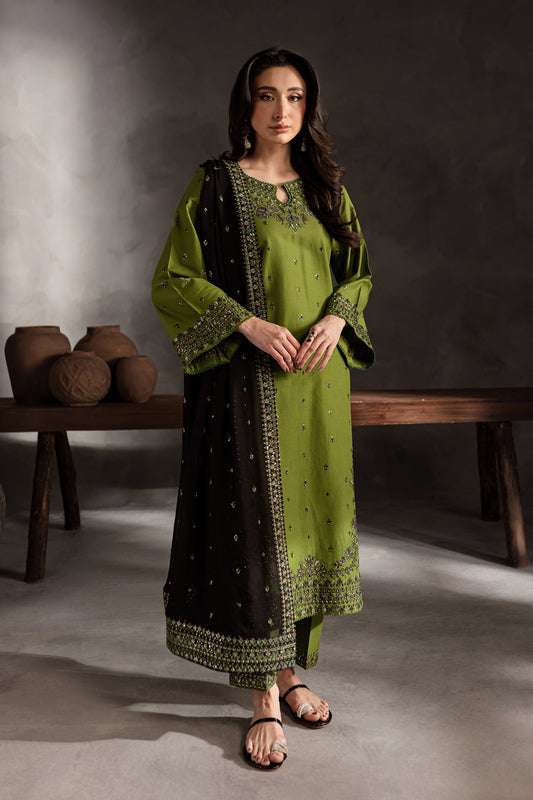 Unstitched 3 Piece Fully Embroidered Dhanak Fabric With Embroidered Dhanak Shawl
