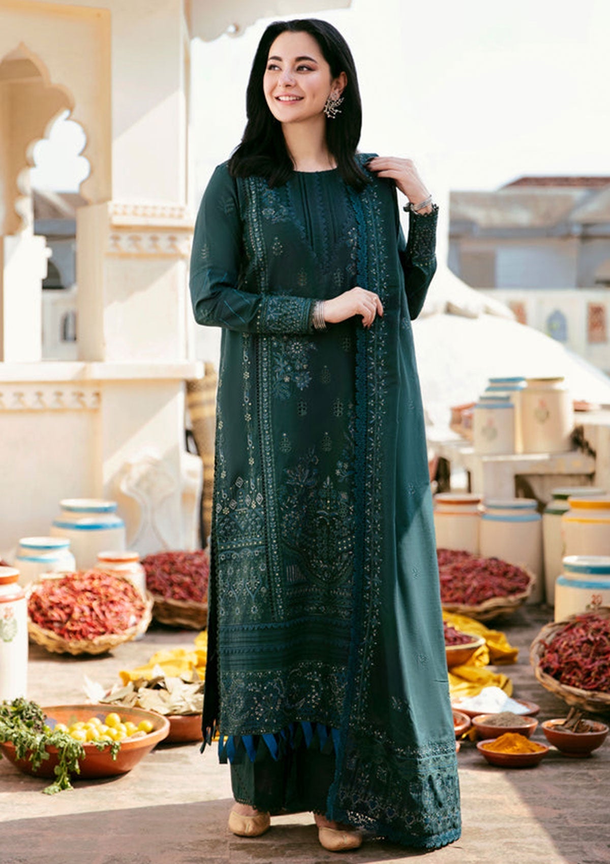 Unstitched 3 Piece Fully Embroidered Dhanak Suit with Embroidered Dhanak Shawl