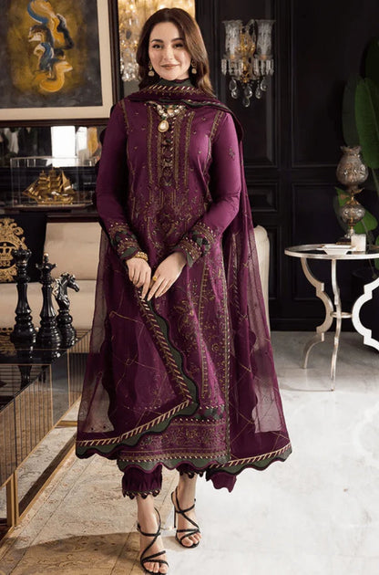 AJ 2885-3 Piece Unstitched Embroidered Dhanak Fabric With Embroidered Chiffon Dupatta