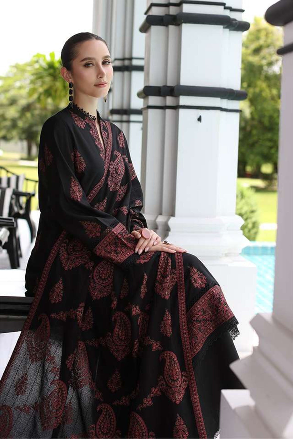 Unstitched 3 Piece Fully Embroidered Dhanak Suit with Embroidered Dhanak Shawl