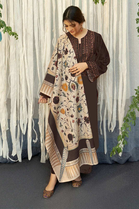 Unstitched 3 Piece Fully Embroidered Dhanak Suit with Printed Dhanak Shawl