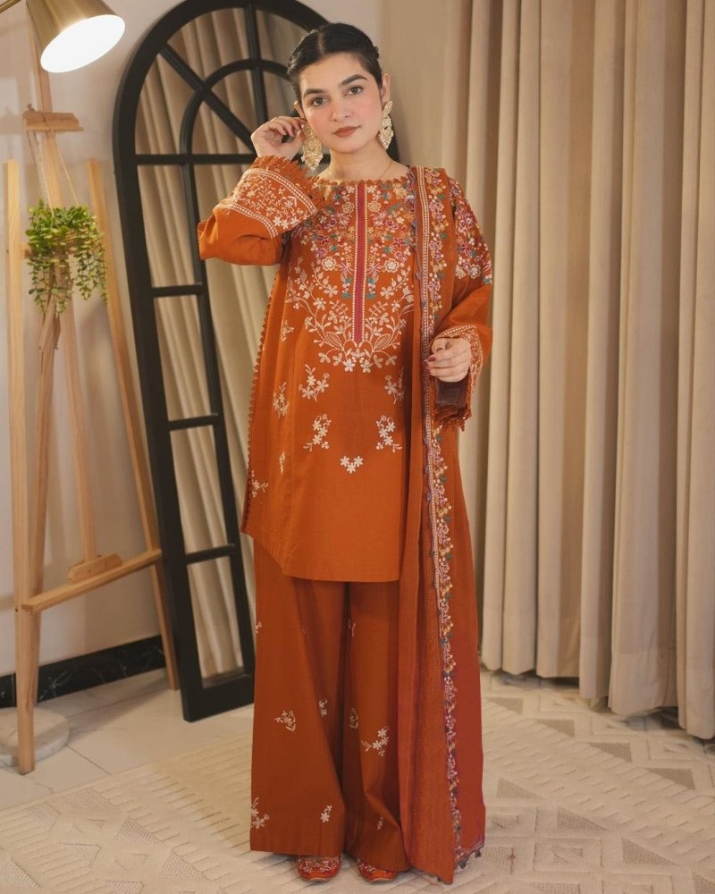 Unstitched 3 Piece Fully Embroidered Dhanak Fabric With Embroidered Dhanak Shawl