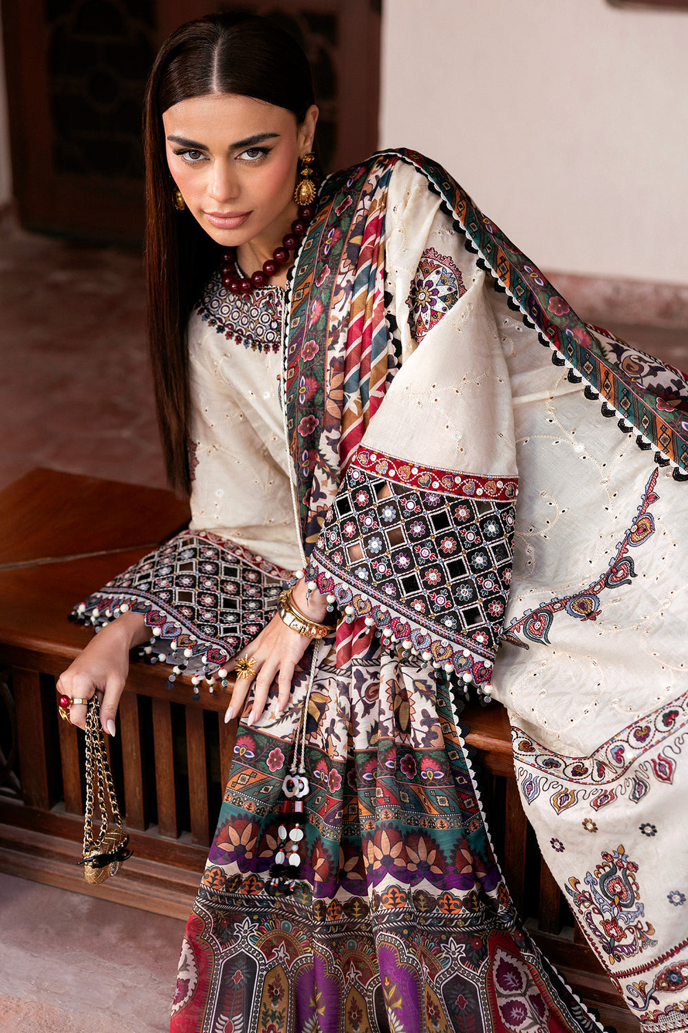 JZ 2800 - 3 Piece Unstitched Embroidered Dhanak Fabric with Printed Dupatta