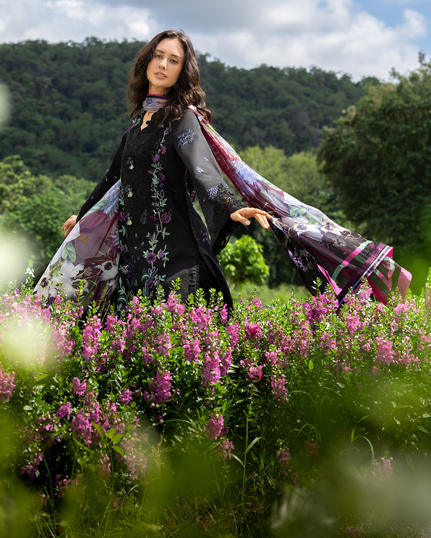 Unstitched 3 Piece Fully Embroidered Lawn Suit With Printed Silk Dupatta
