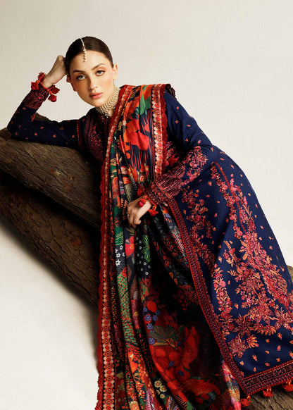 Unstitched 3 Piece Fully Embroidered Dhanak Suit with Printed Woolen Shawl