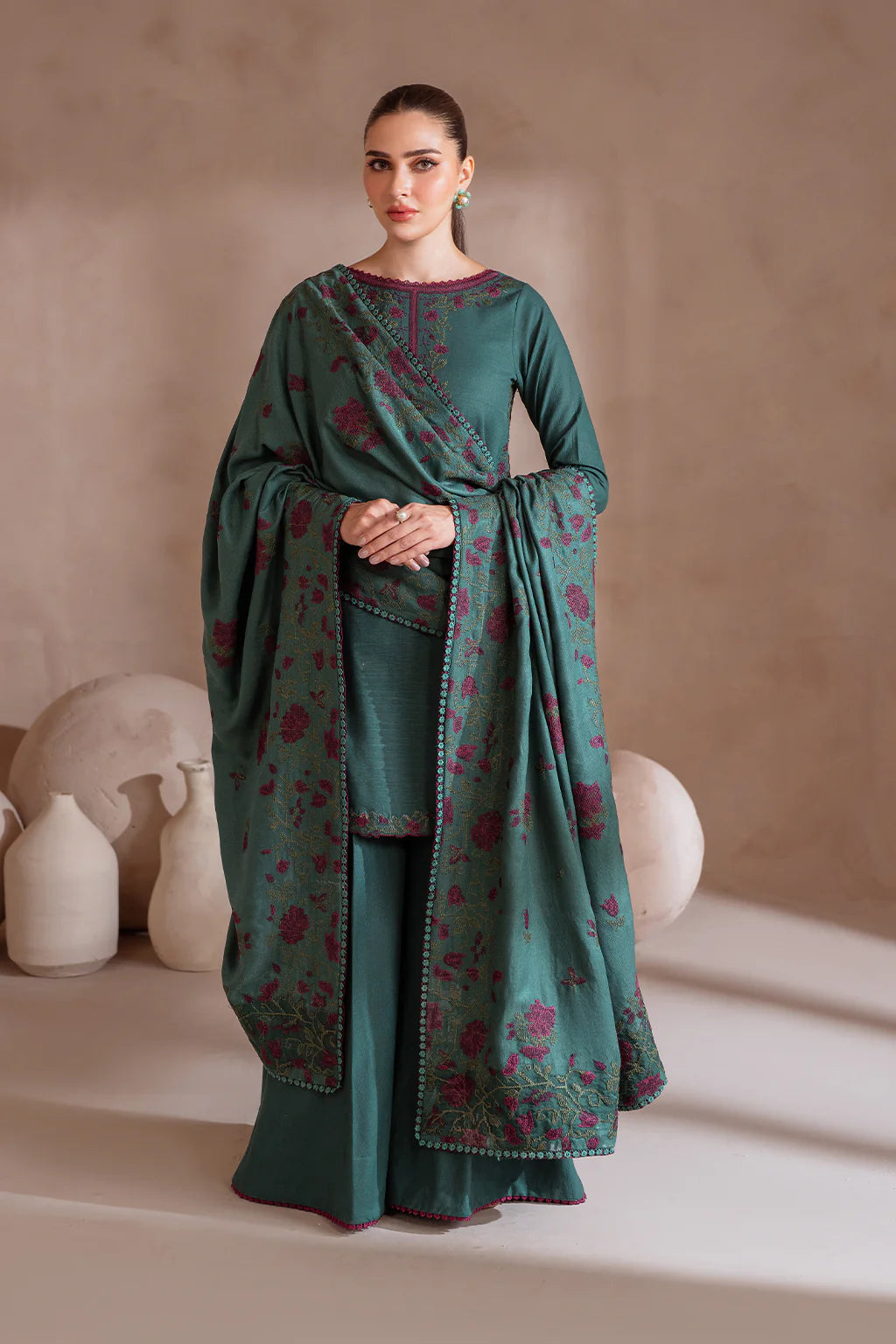 IZ 2925 - 3 Piece Unstitched Embroidered Dhanak Suit With Dhanak Embroidered Shawl