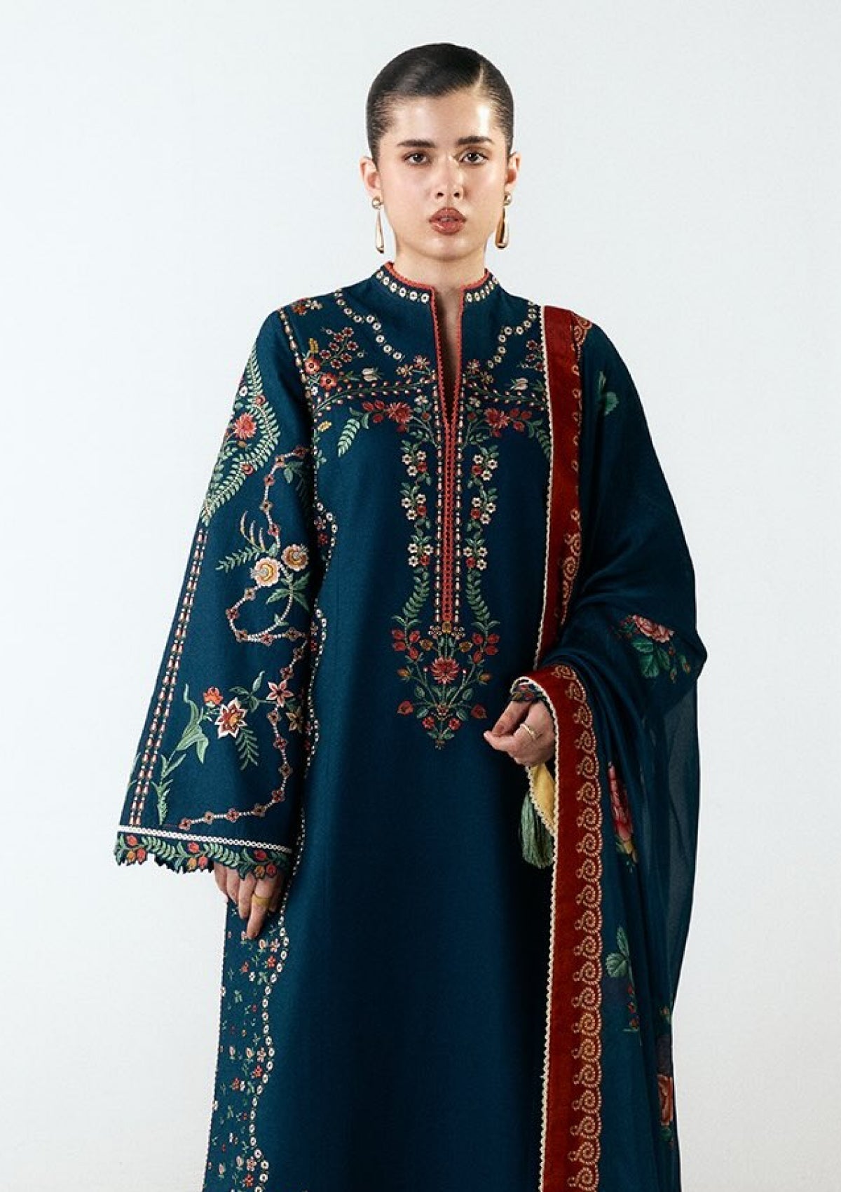 3 Piece Unstitched Heavy Embroidered Dhanak Suit ( Printed Blended Shawl)