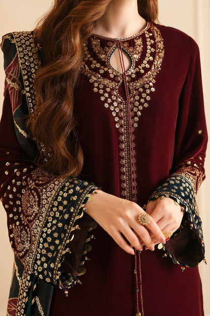 Unstitched 3 Piece Fully Embroidered Velvet Suit with Embroidered Organza Dupatta