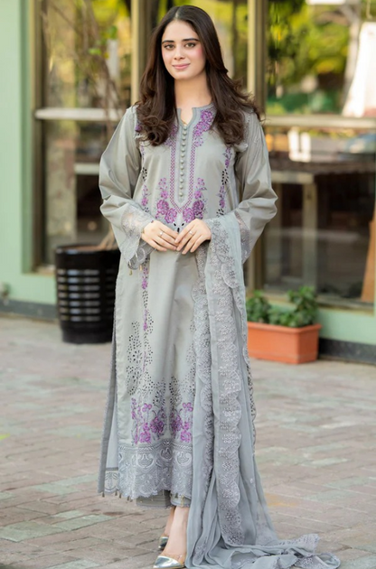 Unstitched 3 Piece Fully Embroidered Dhanak Suit With Embroidered Dhanak Shawl