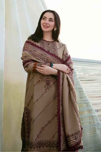 Unstitched 3 Piece Fully Embroidered Dhanak Suit with Embroidered Dhanak Shawl