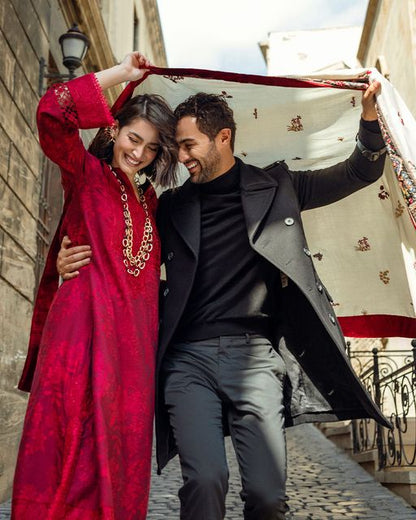 Unstitched 3 Piece Fully Embroidered Dhanak Suit with Printed Woolen Shawl