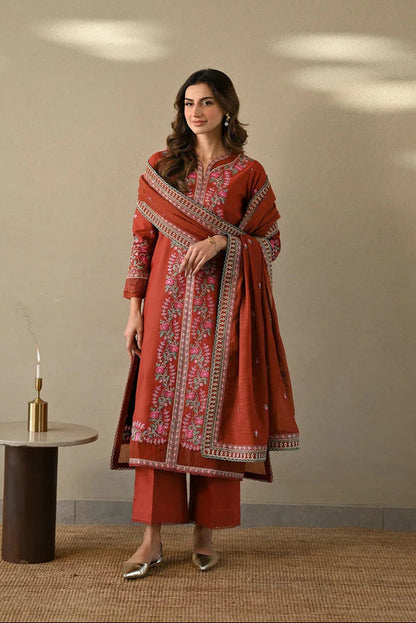 Unstitched 3 Piece Fully Embroidered Dhanak Suit with Four Sided Embroidered Dhanak Shawl
