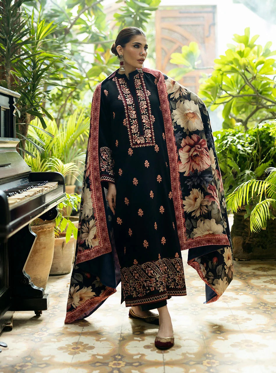 Unstitched 3 Piece Fully Embroidered Dhanak Suit with Printed Wool Shawl