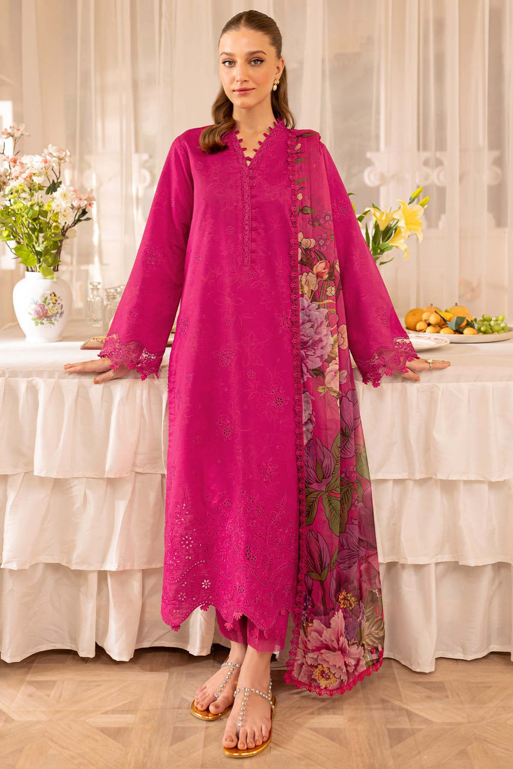 Unstitched 3 Piece Fully Embroidered Lawn Dress With Printed Monar Dupatta
