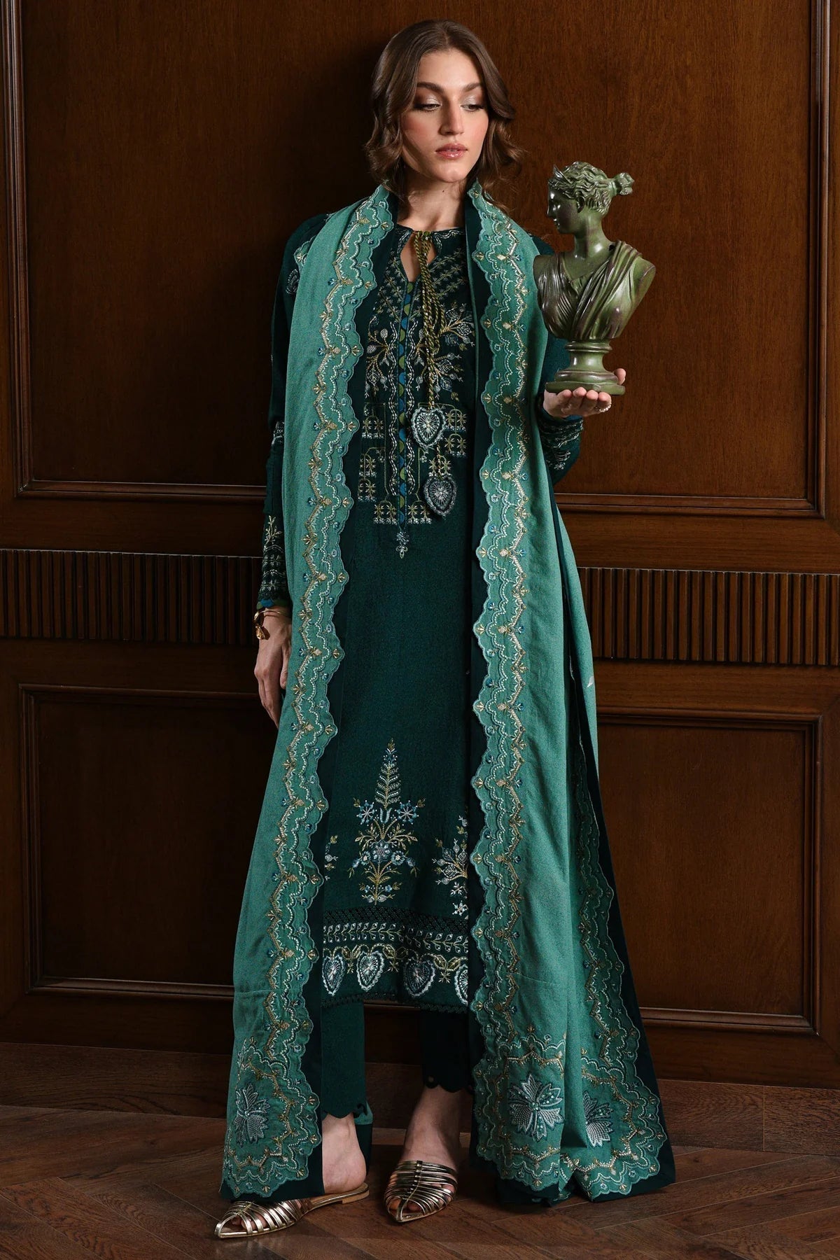 3 Piece Unstitched Heavy Embroidered Dhanak Suit ( Embroidered Dhanak Wool Shawl )