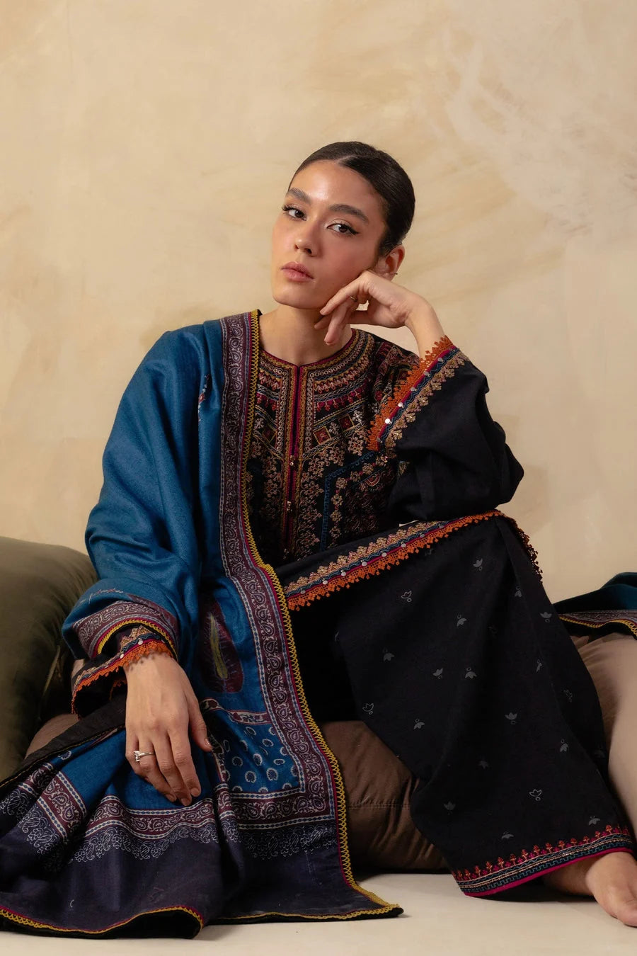 3 Piece Unstitched Fully Embroidered Dhanak Dress With Printed Blended Shawl
