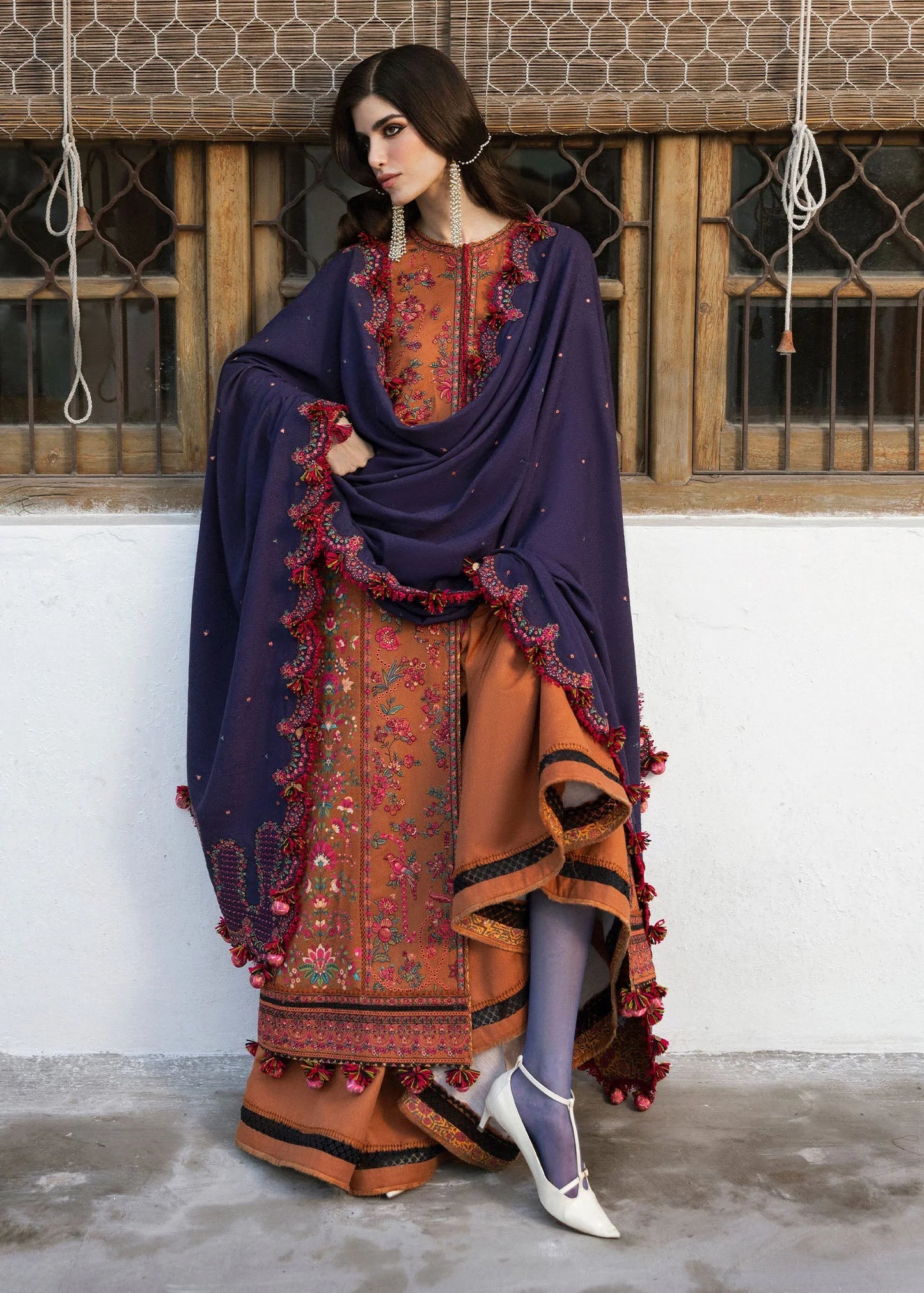 Unstitched 3 Piece Fully Embroidered Dhanak Suit with Embroidered Dhanak Shawl