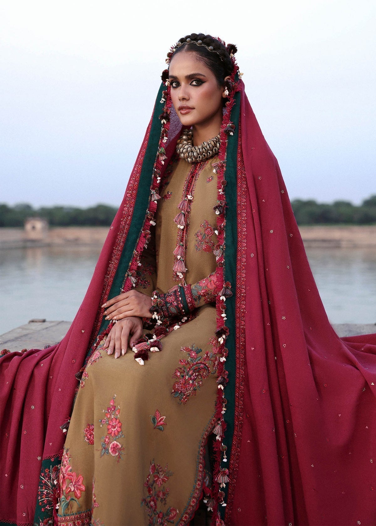 HR 2945 - 3 Piece Unstitched Embroidered Dhanak Suit With Embroidered Dhanak Shawl
