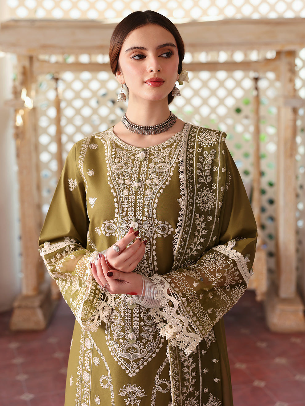 Unstitched 3 Piece Fully Embroidered Dhanak Suit with Embroidered Dhanak Shawl