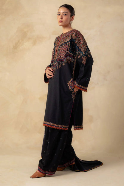 3 Piece Unstitched Fully Embroidered Dhanak Dress With Printed Blended Shawl