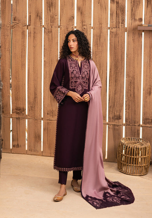 Unstitched 3 Piece Embroidered Dhanak Suit with Embroidered Dhanak Shawl