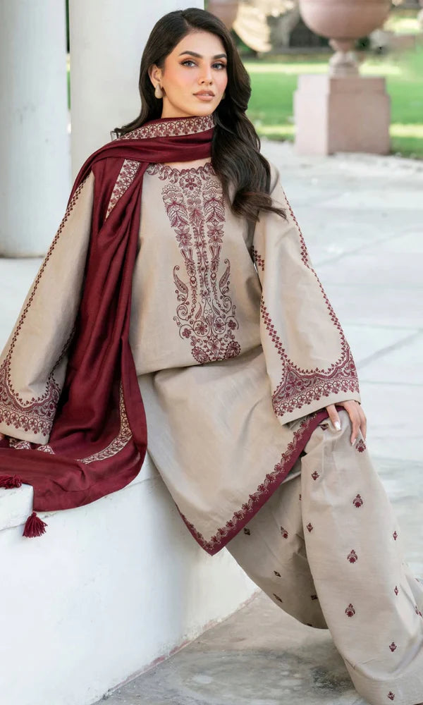 3 Piece Unstitched Fully Embroidered Dhanak Fabric With Dhanak Embroidered shawl