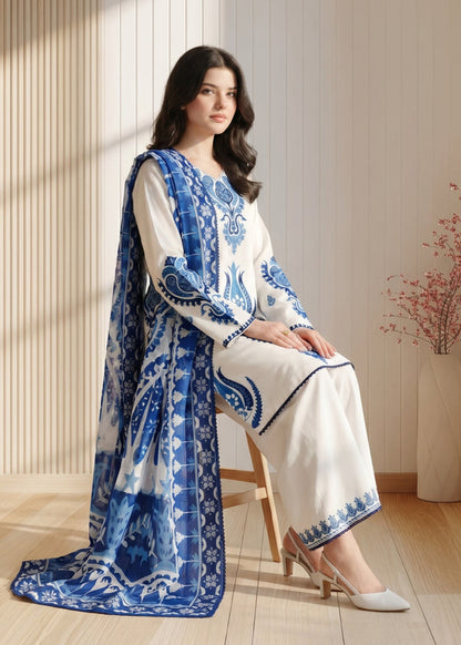 Unstitched 3 Piece Embroidered Dhanak Fabric With Printed Blended Shawl