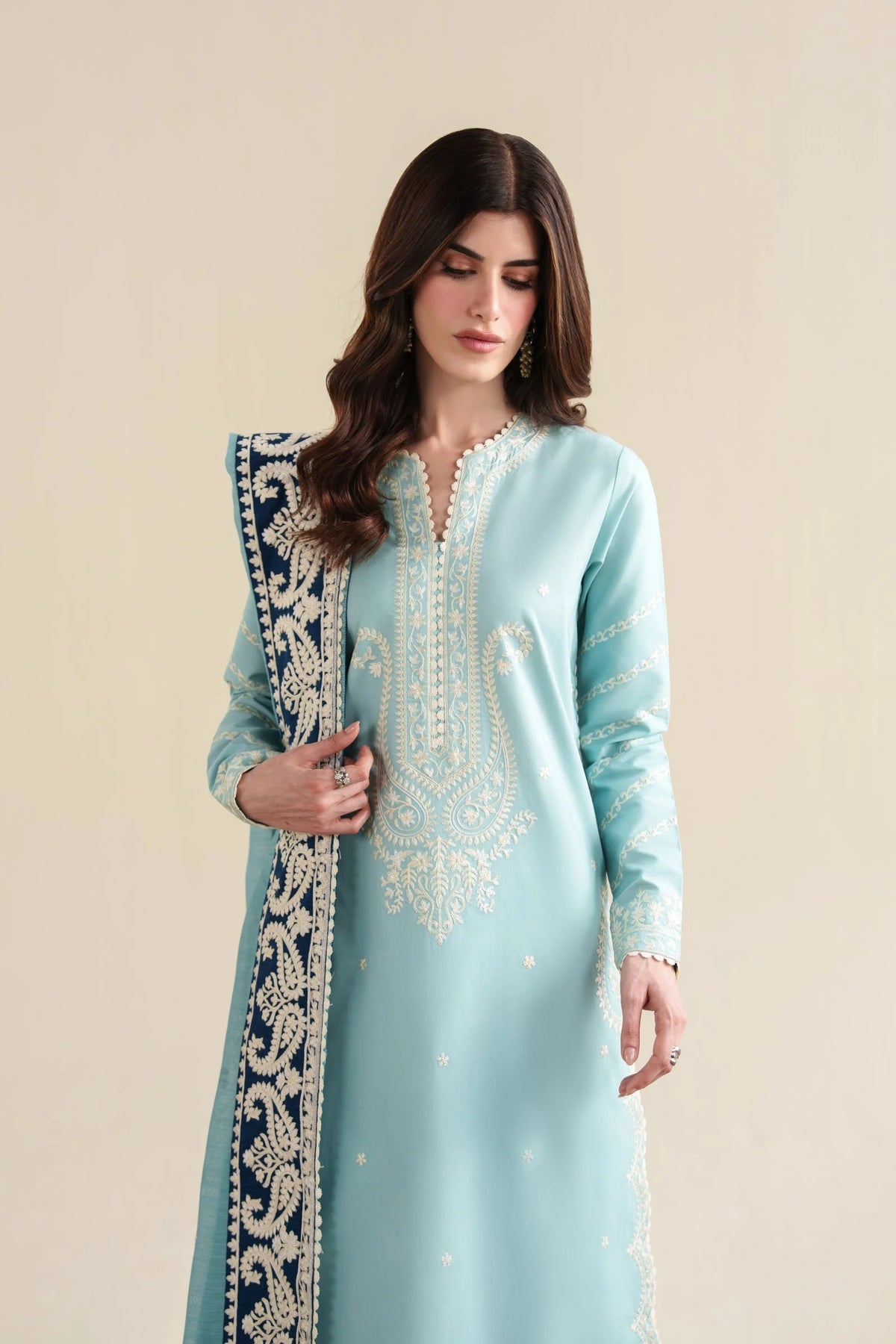 3 Piece Unstitched Fully Embroidered Dhanak Dress With Dhanak Embroidered Shawl
