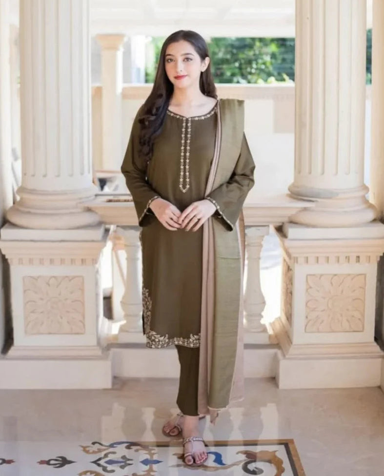 3 Piece Unstitched Fully Embroided Dhanak Stuff with Dhanak Wool Shawal