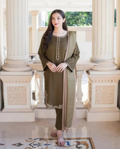 3 Piece Unstitched Fully Embroided Dhanak Stuff with Dhanak Wool Shawal