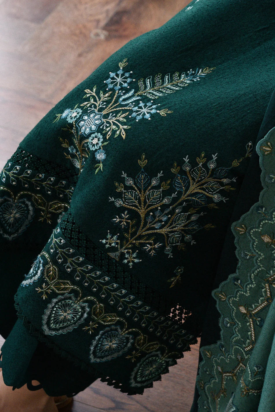 3 Piece Unstitched Heavy Embroidered Dhanak Suit ( Embroidered Dhanak Wool Shawl )