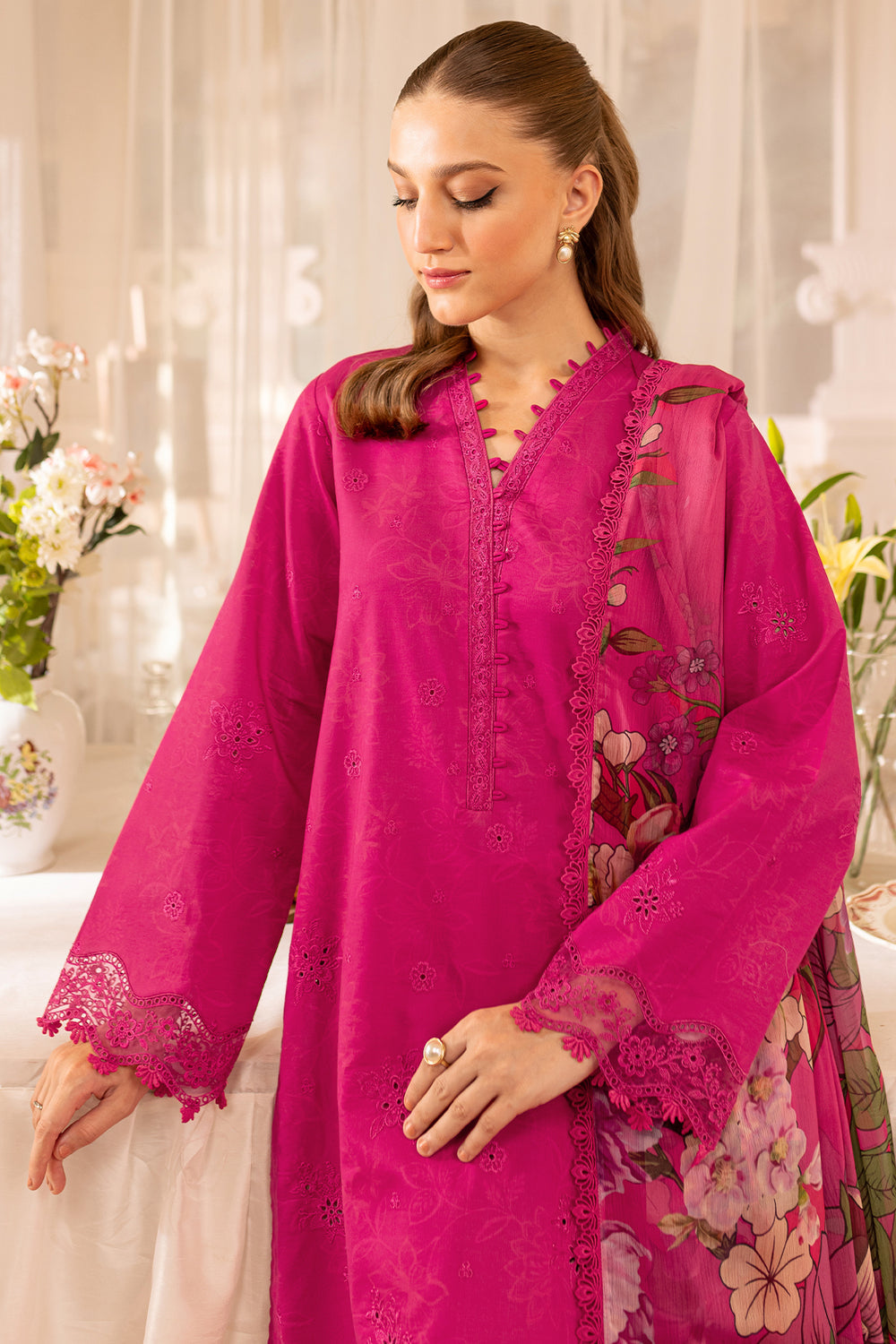 Unstitched 3 Piece Fully Embroidered Lawn Dress With Printed Monar Dupatta