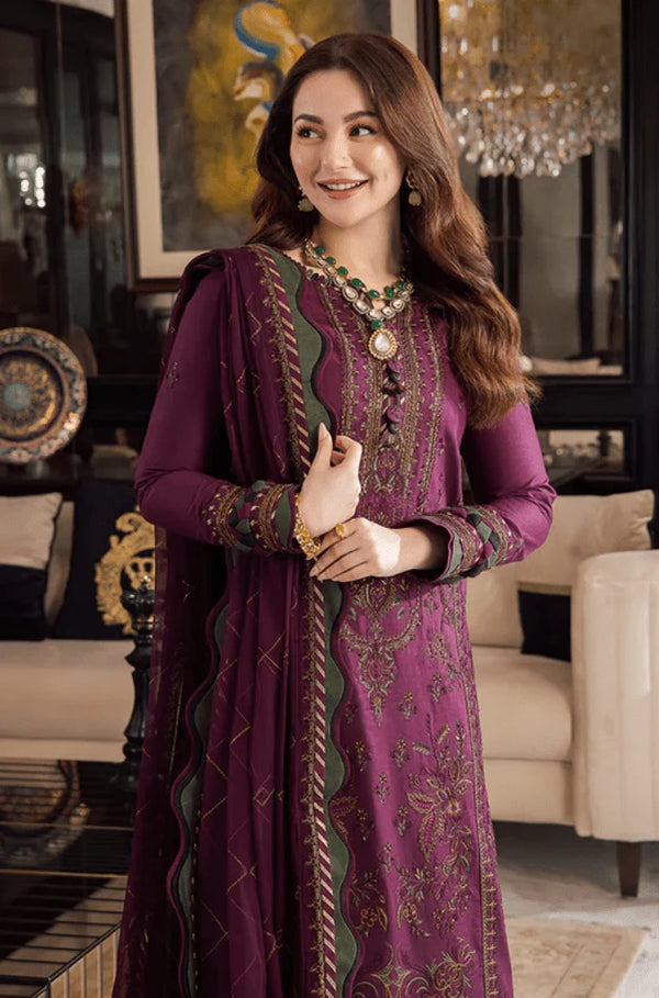AJ 2885-3 Piece Unstitched Embroidered Dhanak Fabric With Embroidered Chiffon Dupatta