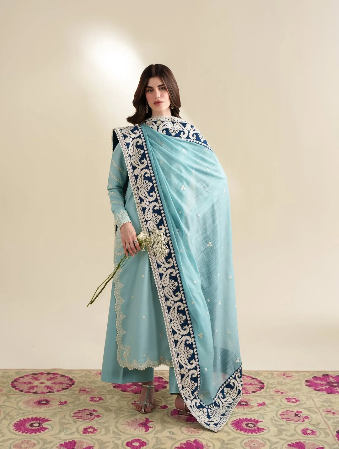 3 Piece Unstitched Fully Embroidered Dhanak Dress With Dhanak Embroidered Shawl