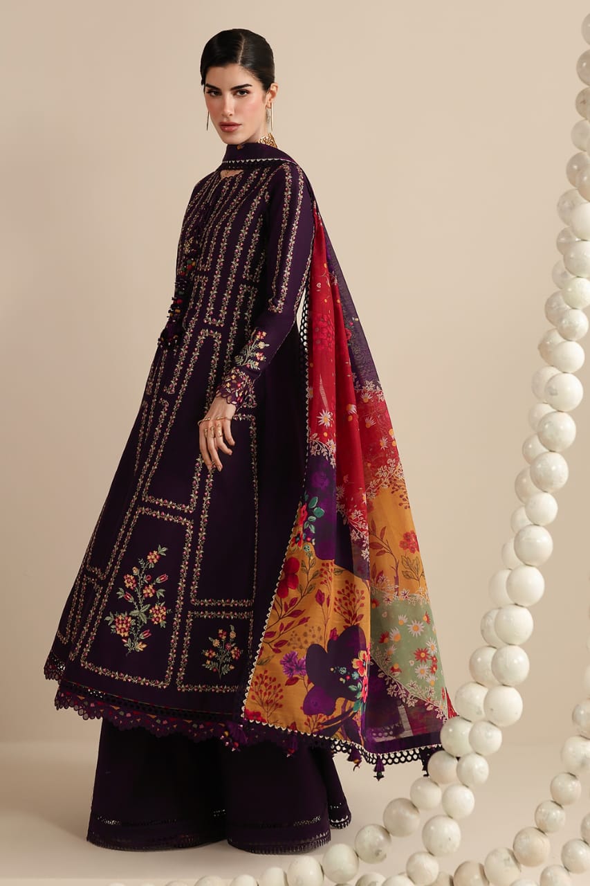 Unstitched 3 Piece Fully Embroidered Dhanak Fabric With Printed Blended Shawl