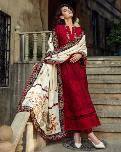 Unstitched 3 Piece Fully Embroidered Dhanak Suit with Printed Woolen Shawl