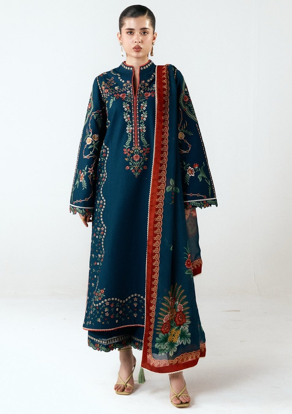 3 Piece Unstitched Heavy Embroidered Dhanak Suit ( Printed Blended Shawl)