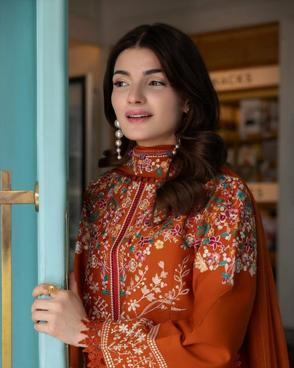 Unstitched 3 Piece Fully Embroidered Dhanak Fabric With Embroidered Dhanak Shawl