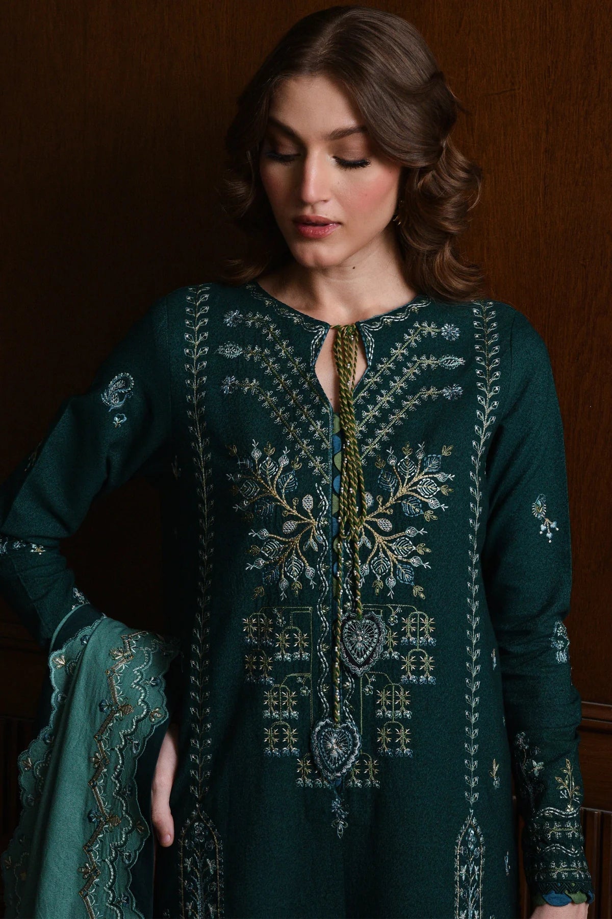 3 Piece Unstitched Heavy Embroidered Dhanak Suit ( Embroidered Dhanak Wool Shawl )