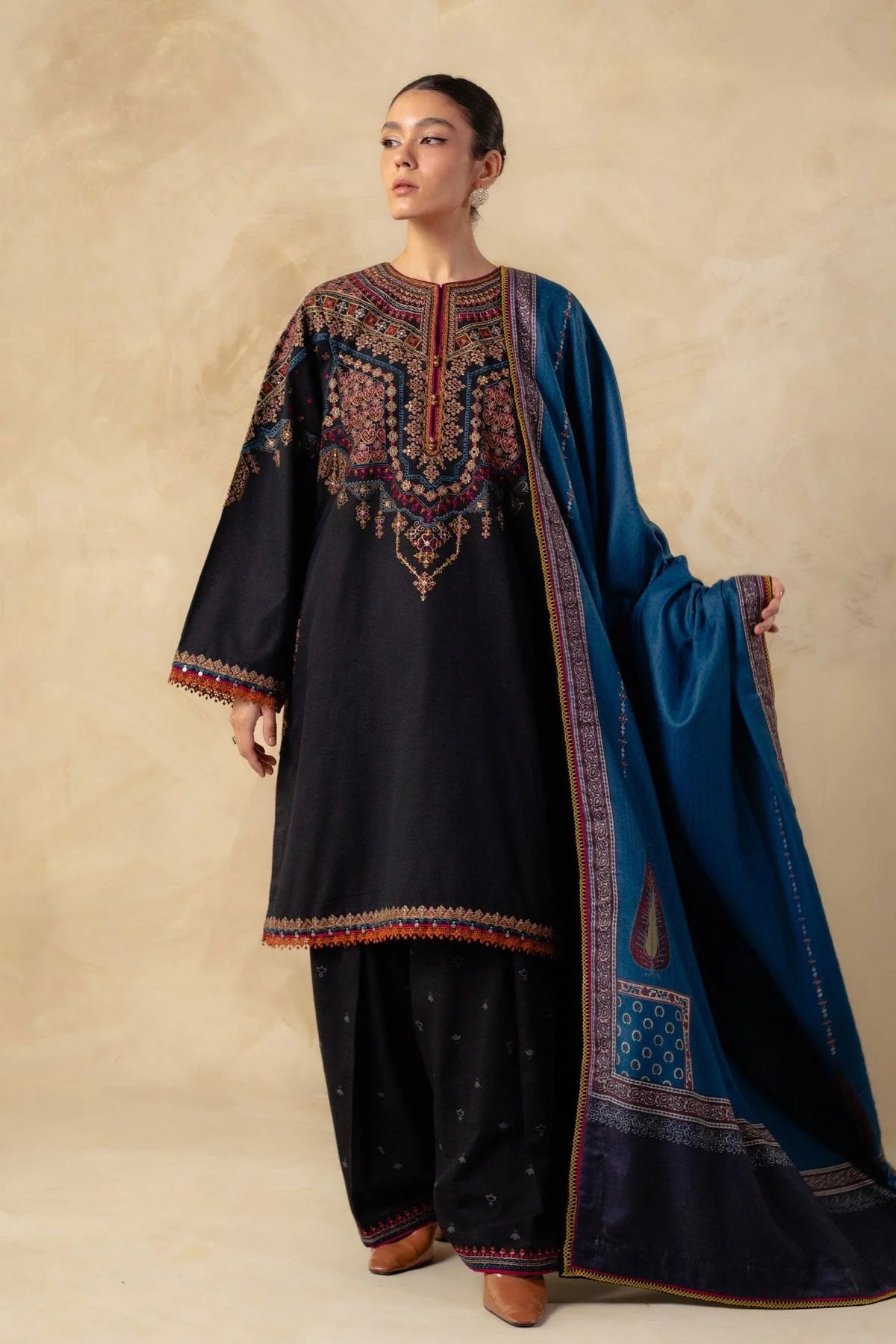 3 Piece Unstitched Fully Embroidered Dhanak Dress With Printed Blended Shawl