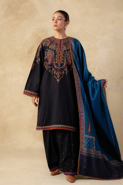 3 Piece Unstitched Fully Embroidered Dhanak Dress With Printed Blended Shawl