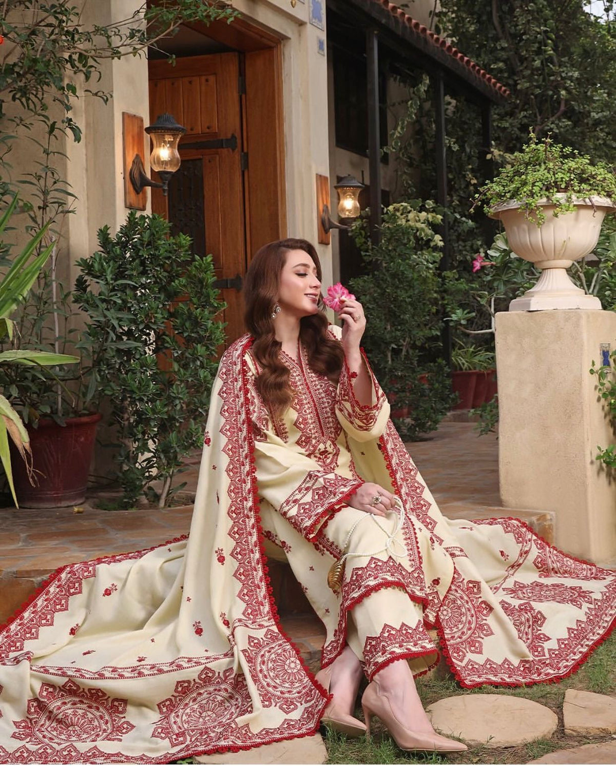 Unstitched 3 Piece Fully Embroidered Dhanak Suit with Printed Dhanak Shawl