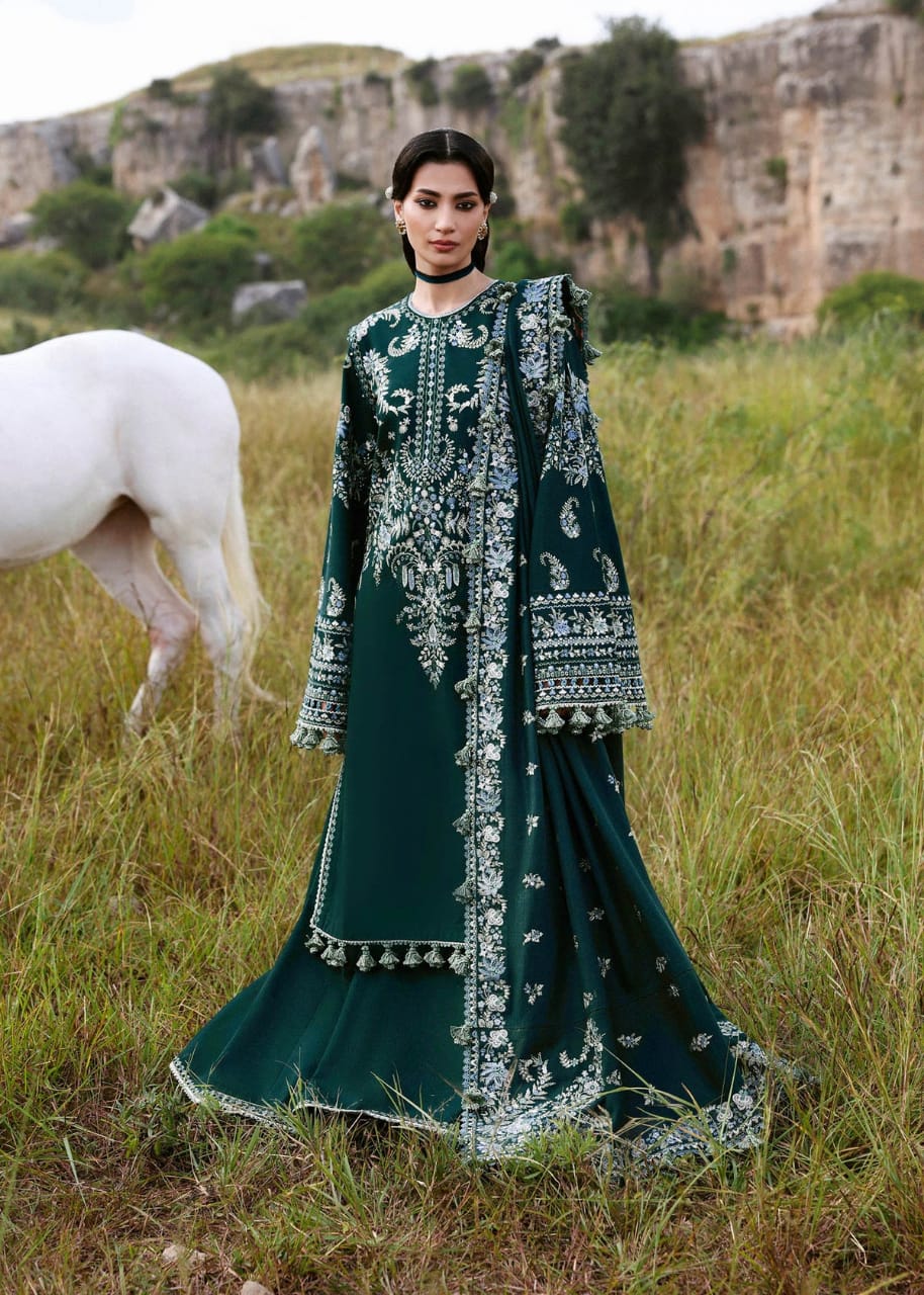 Unstitched 3 Piece Fully Embroidered Dhanak Fabric With Embroidered Dhanak Shawl
