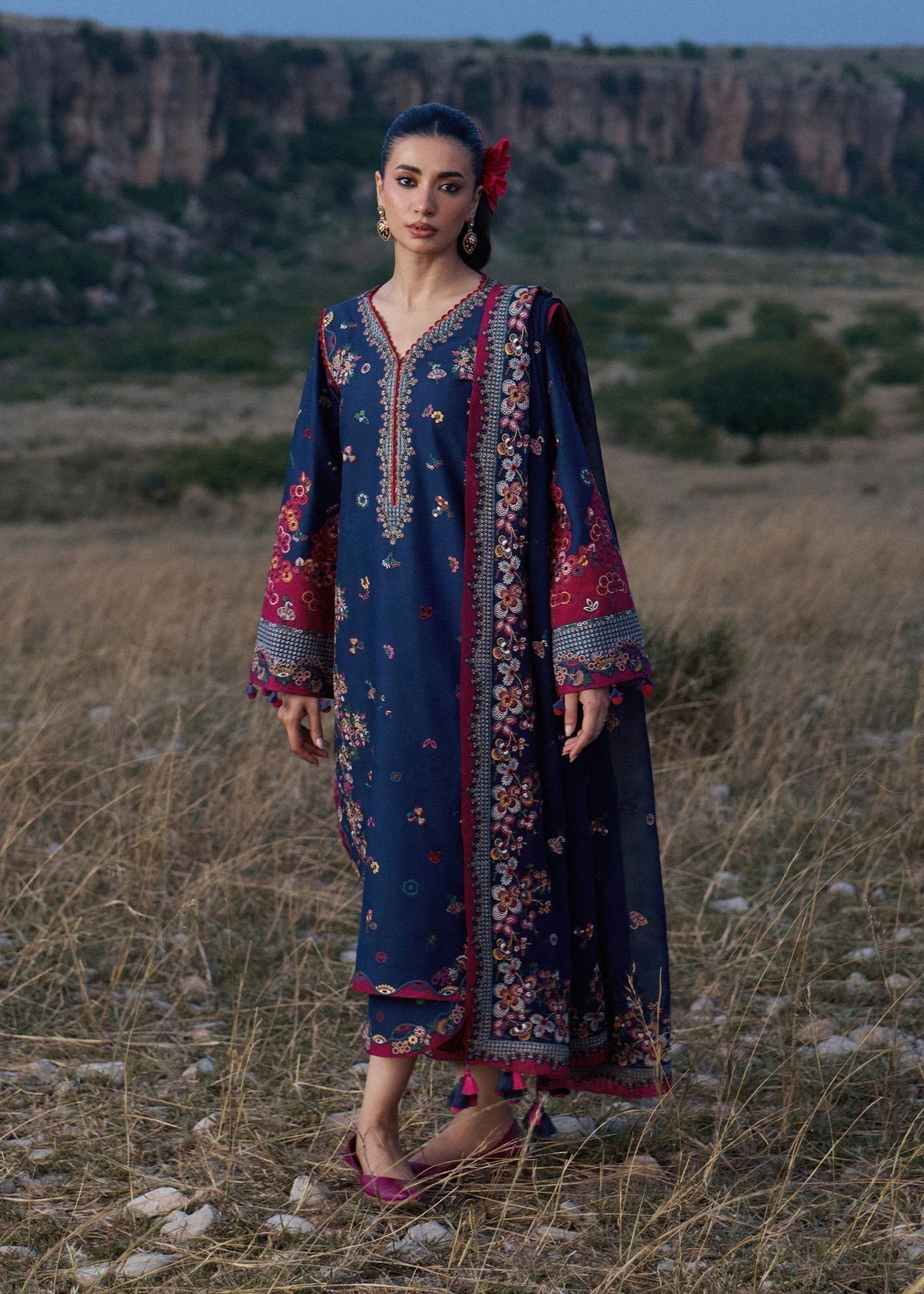 3 Piece Unstitched Heavy Embroidered Dhanak Suit With Embroidered Chiffon Dupatta