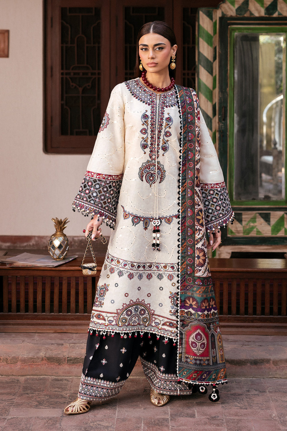 JZ 2800 - 3 Piece Unstitched Embroidered Dhanak Fabric with Printed Dupatta
