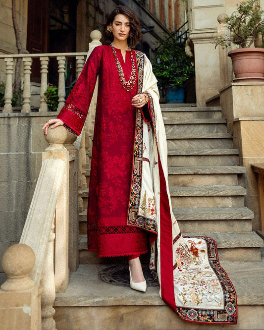 Unstitched 3 Piece Fully Embroidered Dhanak Suit with Printed Woolen Shawl