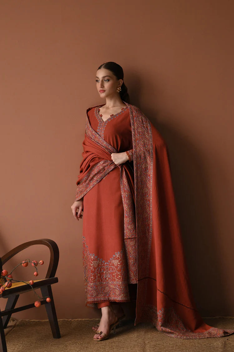 Unstitched 3 Piece Fully Embroidered Dhanak Fabric With Embroidered Dhanak Shawl